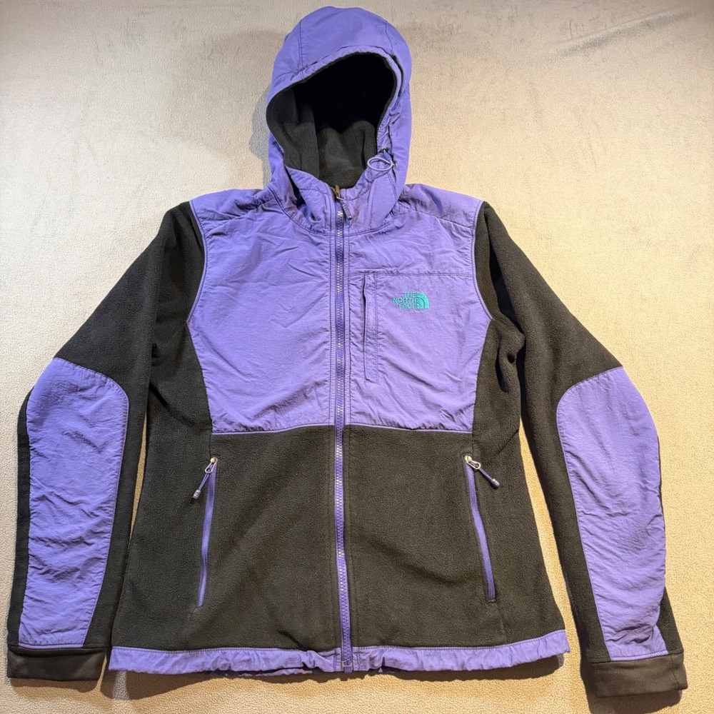 The North Face Denali Hooded Fleece Jacket Womens Small Purple Black Colorblock